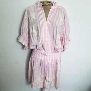 Juliet Dunn Cotton Pink and White Striped Embrodiered Floral Mini Dress Sz1